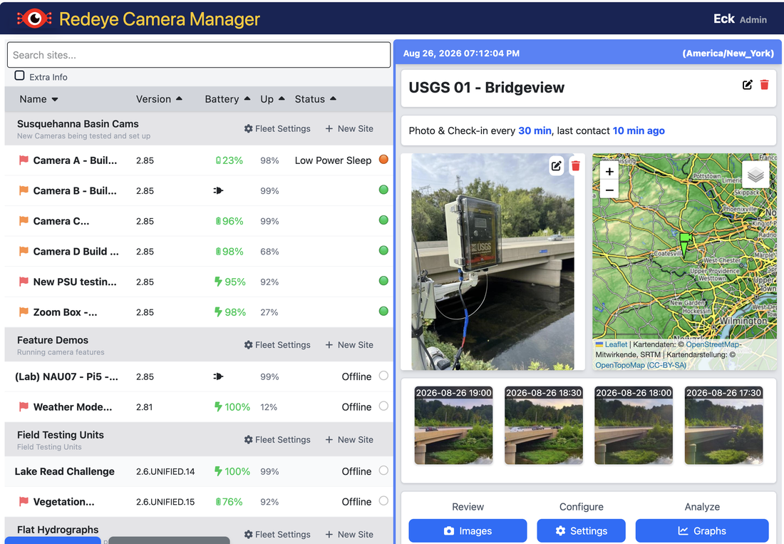 RedEye Camera Manager dashboard showing a camera fleet list with live status, and a selected camera's map, recent images, and controls